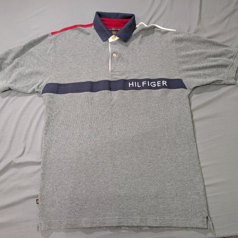 Vintage Tommy Hilfiger Shirt Mens L Gray Colorblock Collared Polo
